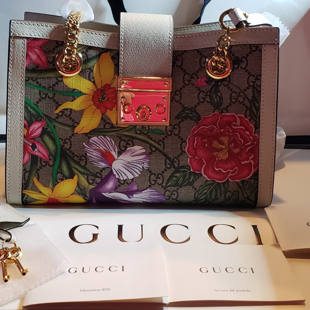 NEW. GUCCI BAG PADLOCK GG FLORAL WHITE-BEIGE,S